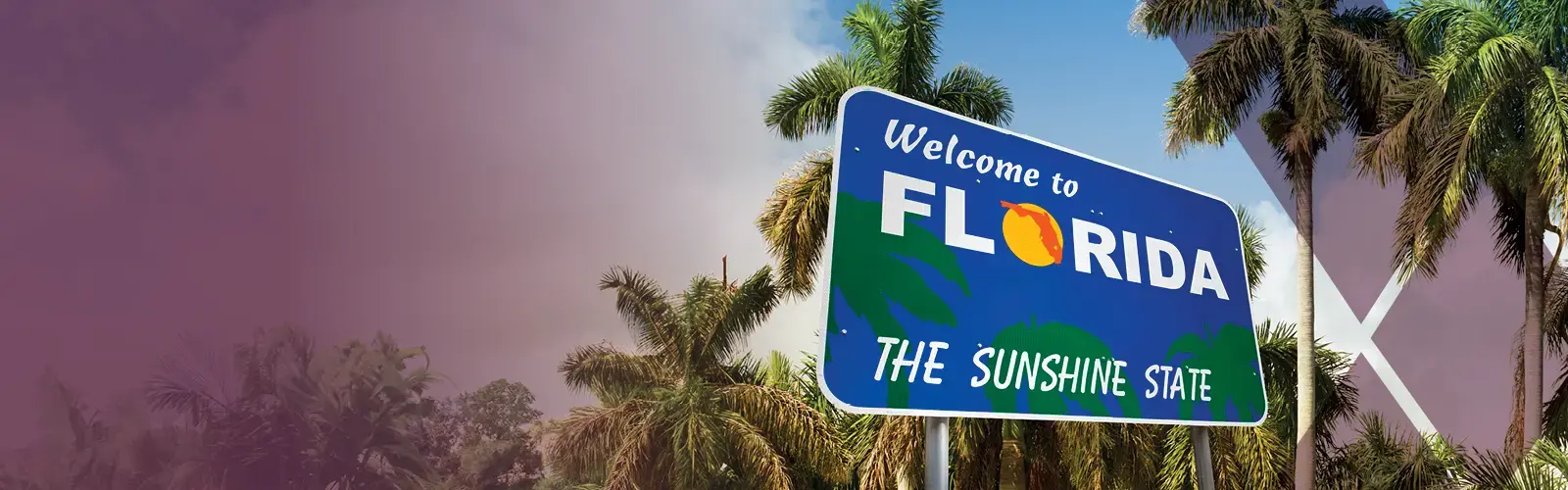 Welcome to Florida, The Sunshine State sign with palm trees 