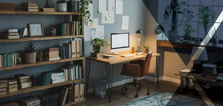 Room with a computer on a desk and a bookshelf filled with books 